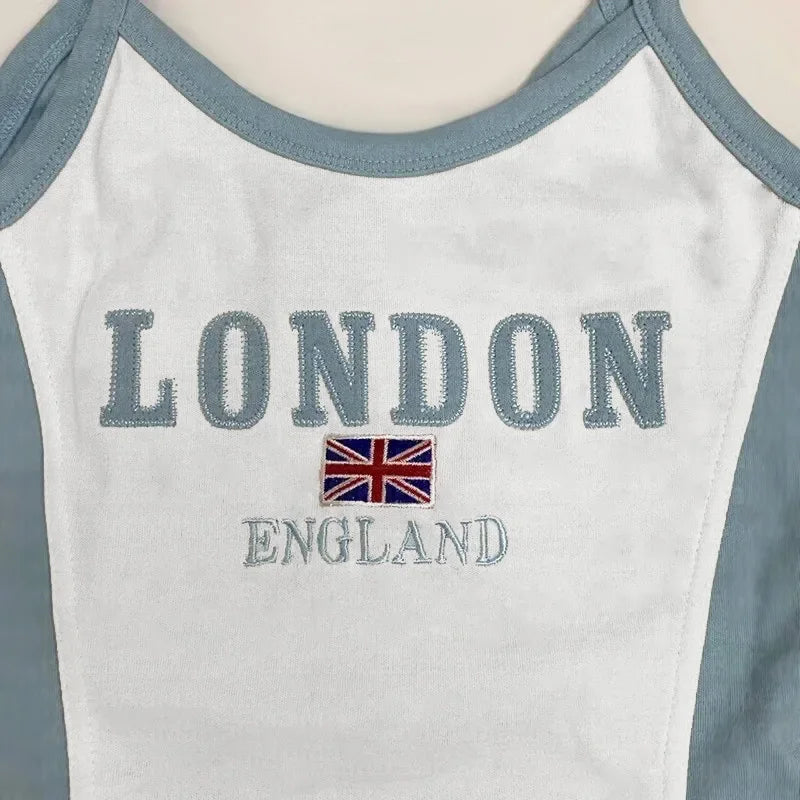 LONDON Embroidery Sleeveless Crop Top Blue White Sexy Basic Patchwork Summer Casual Camis Backless Y2k Vintage Tank Tops Women - Premium from Lizard Vigilante - Just $30.99! Shop now at Lizard Vigilante