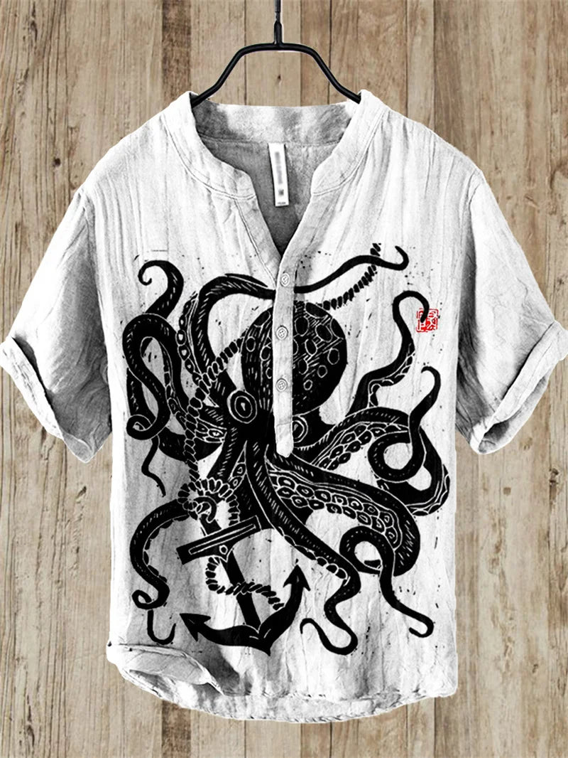 Japanese Water Monster Linen Shirt – Men's Summer Giant Kaiju Print Hawaiian-Style Short Sleeve - Premium shirt from dsers - Just $15.99! Shop now at Lizard Vigilante