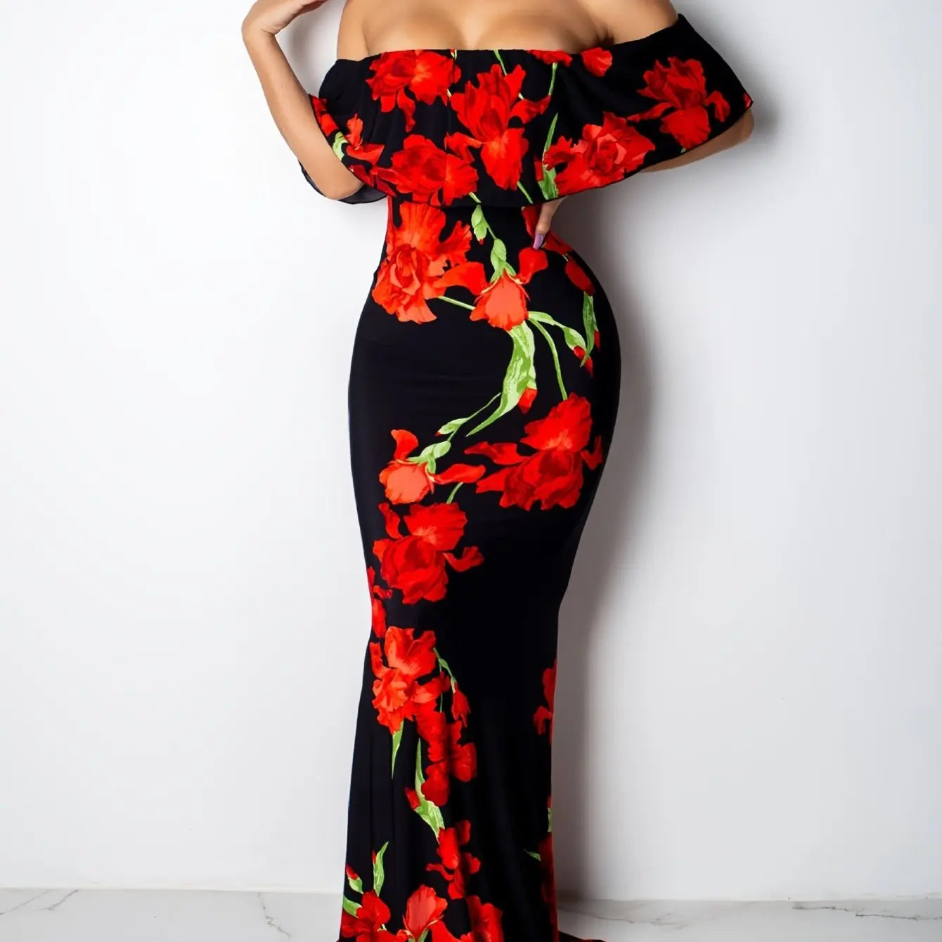 Women Rose Sunflower Floral Print Strapless Sexy Bodycon Slash Neck Off Shoulder Short Sleeve Polyester Floor Length Maxi Dress - Premium from Lizard Vigilante - Just $51.99! Shop now at Lizard Vigilante