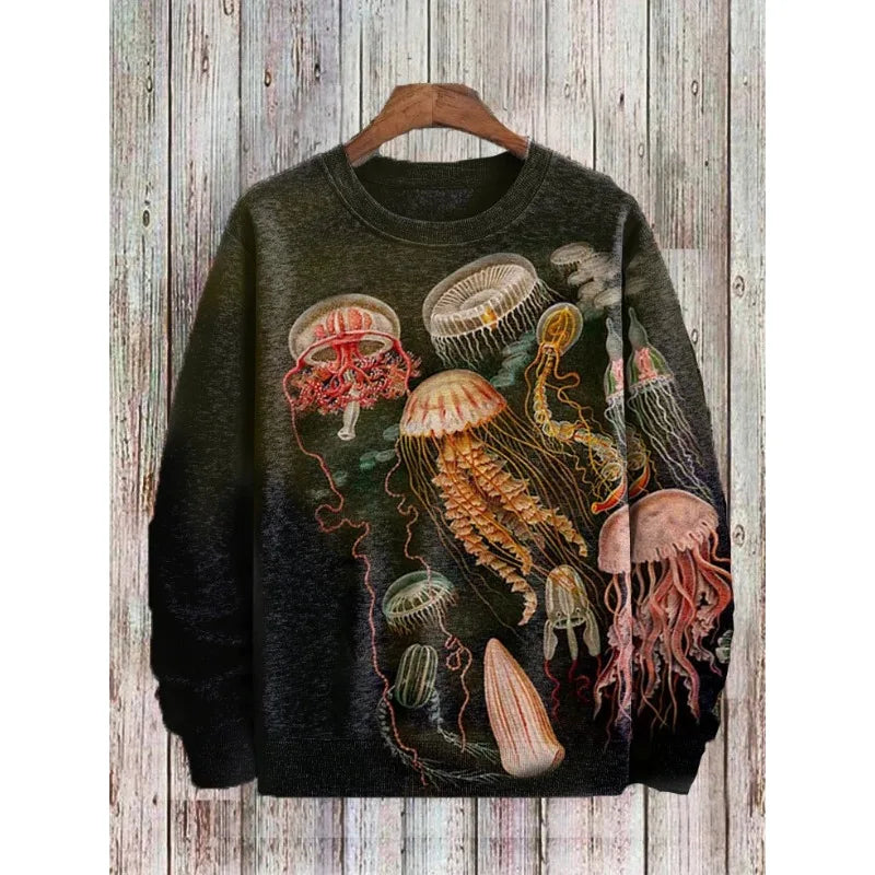 Men's Retro Jellyfish Sweatshirt – Unisex 3D Printed Sea Life Art, Black Punk Harajuku Streetwear Tracksuit - Premium tee from Lizard Vigilante - Just $44.99! Shop now at Lizard Vigilante