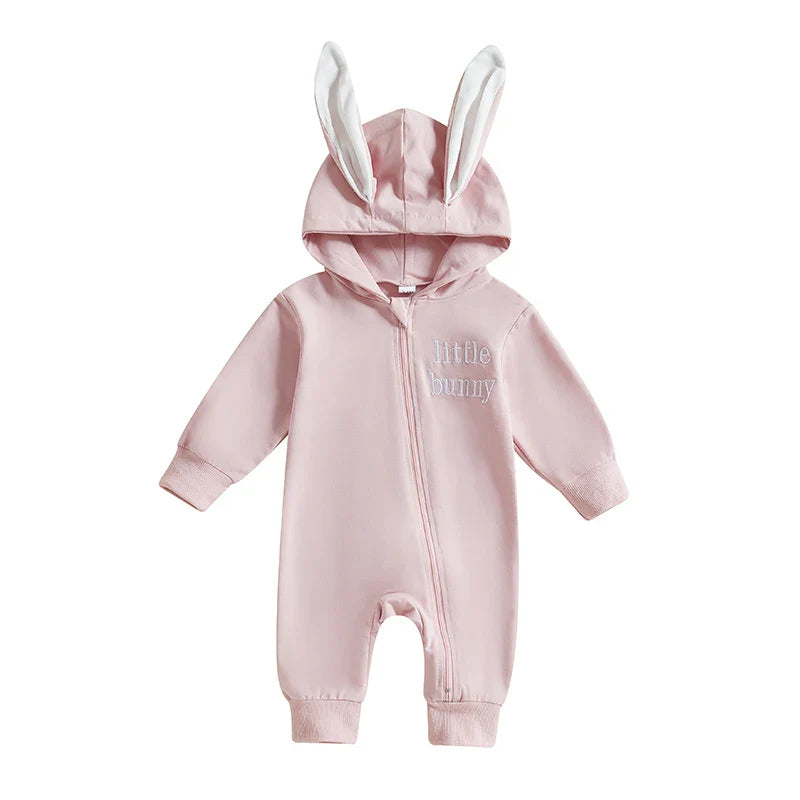 Adorable Infant Easter Romper with Hood Zipper Closure and Bunny Ears - Long Sleeve for Spring Celebrations