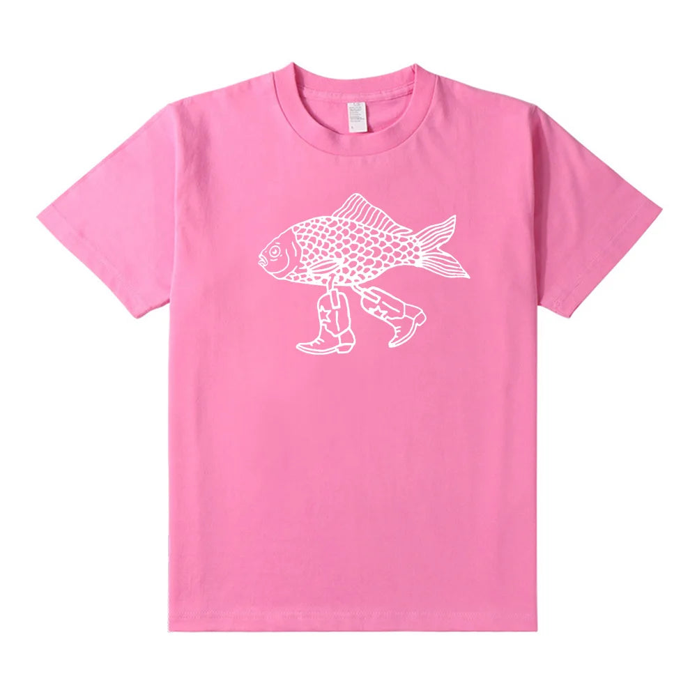 Walking Fish Printing Graphic Funny Tees Women Short Sleeve Loose Cotton Casual T Shirts White Summer Fashion Aesthetic Shirts - Premium from Lizard Vigilante - Just $43.99! Shop now at Lizard Vigilante
