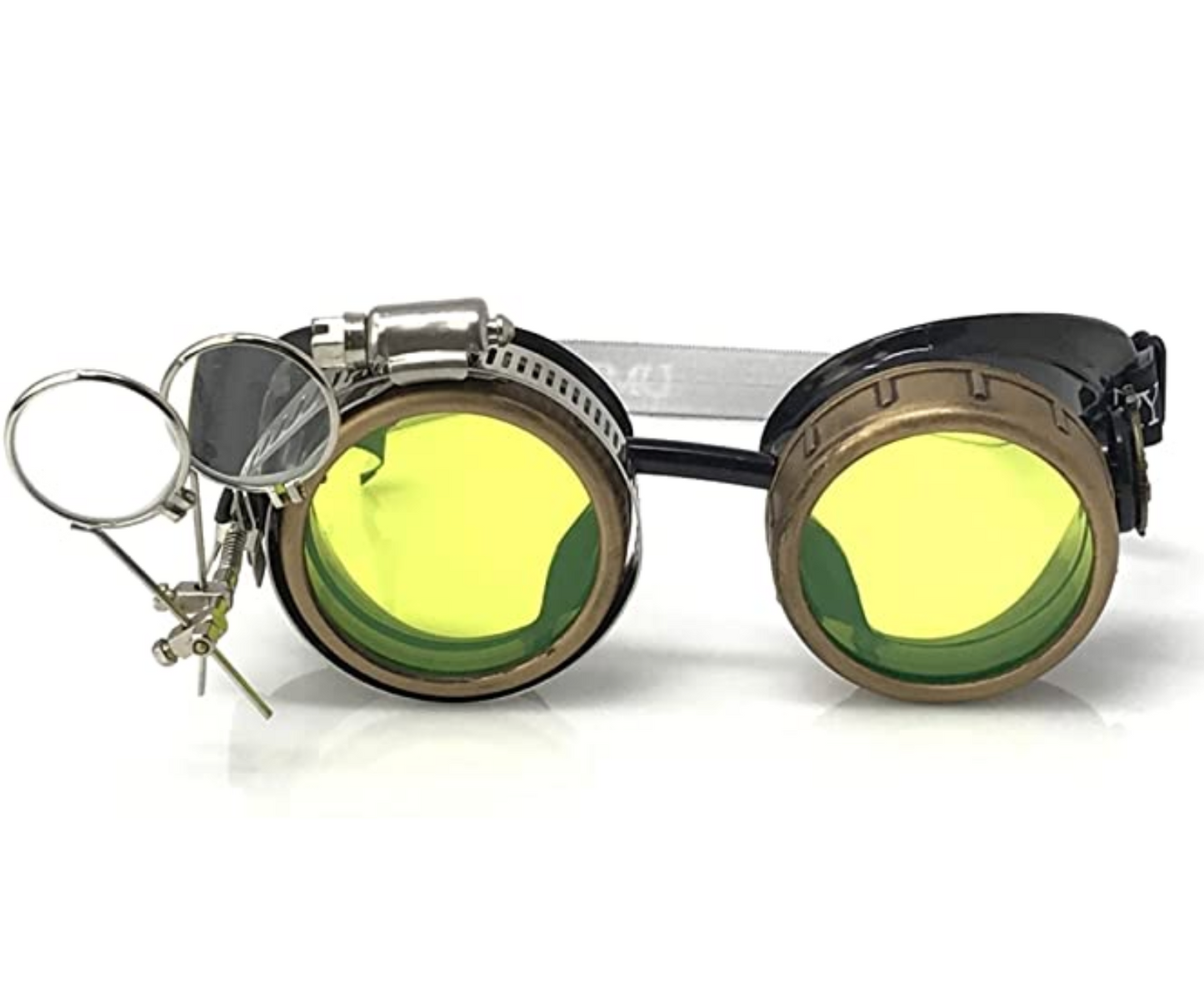 Steampunk Goggles with magnifying loupes UV glow neon green prism diffraction lenses
