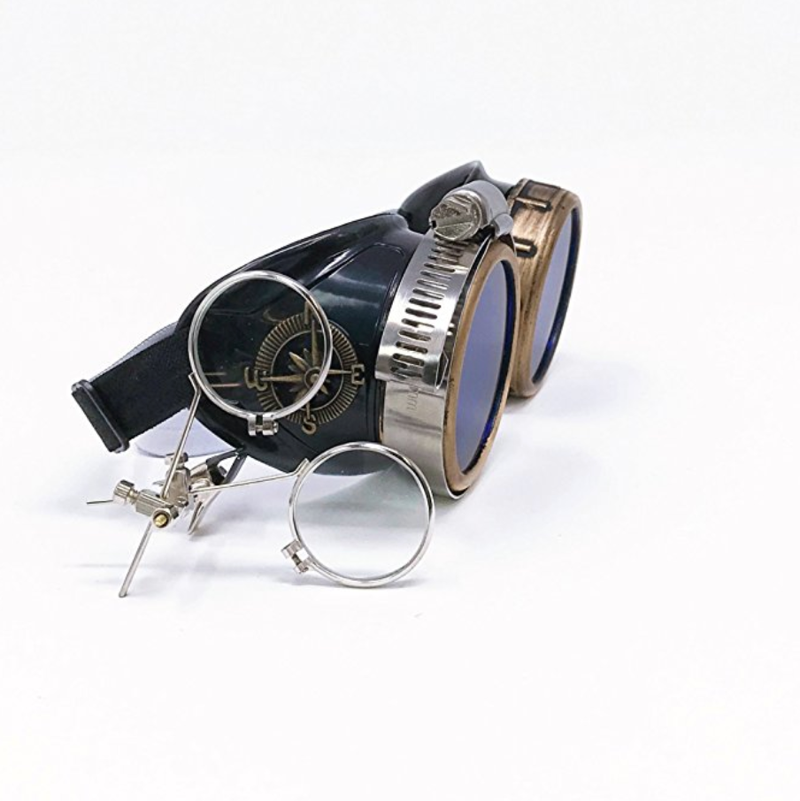 Victorian Steampunk Goggles with magnifying eye loupes blue lenses
