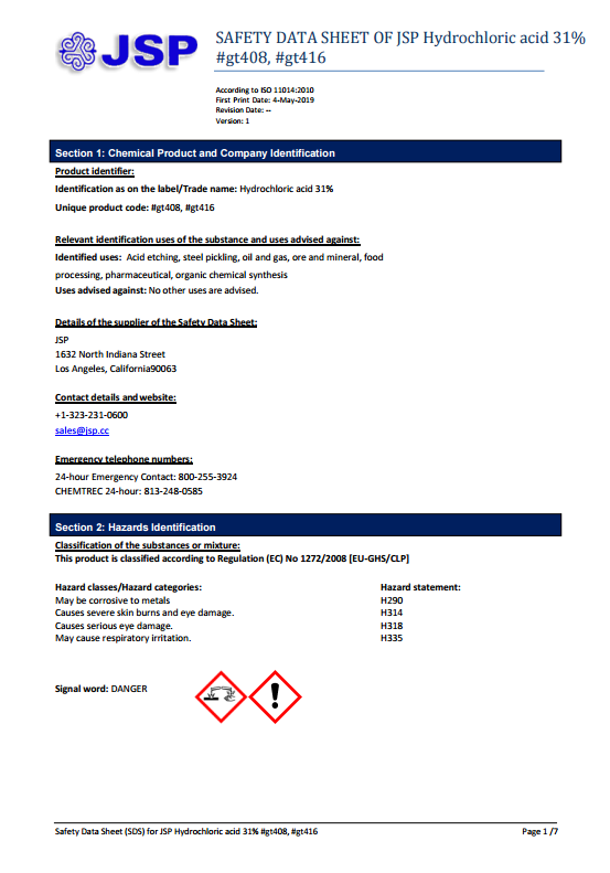 JSP Hydrochloric Acid 31% 16 Ounces / 1 Pound Gold Refining Aqua Regia