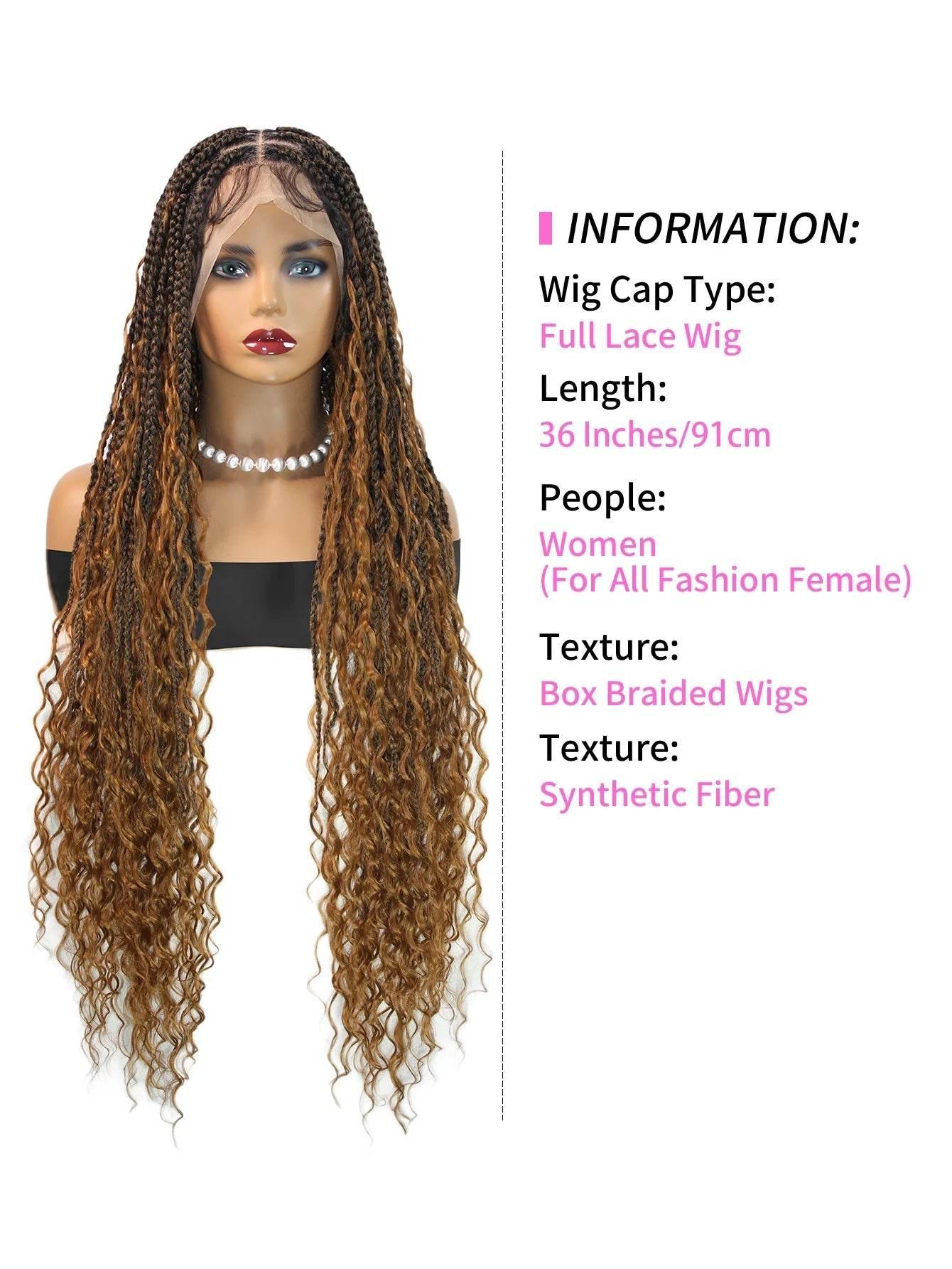 Boho Knotless Braided Wigs Synthetic Full Lace Braids With Curly Hair Ends Goddess Ombre Blonde Box Braided Wigs With Baby Hair