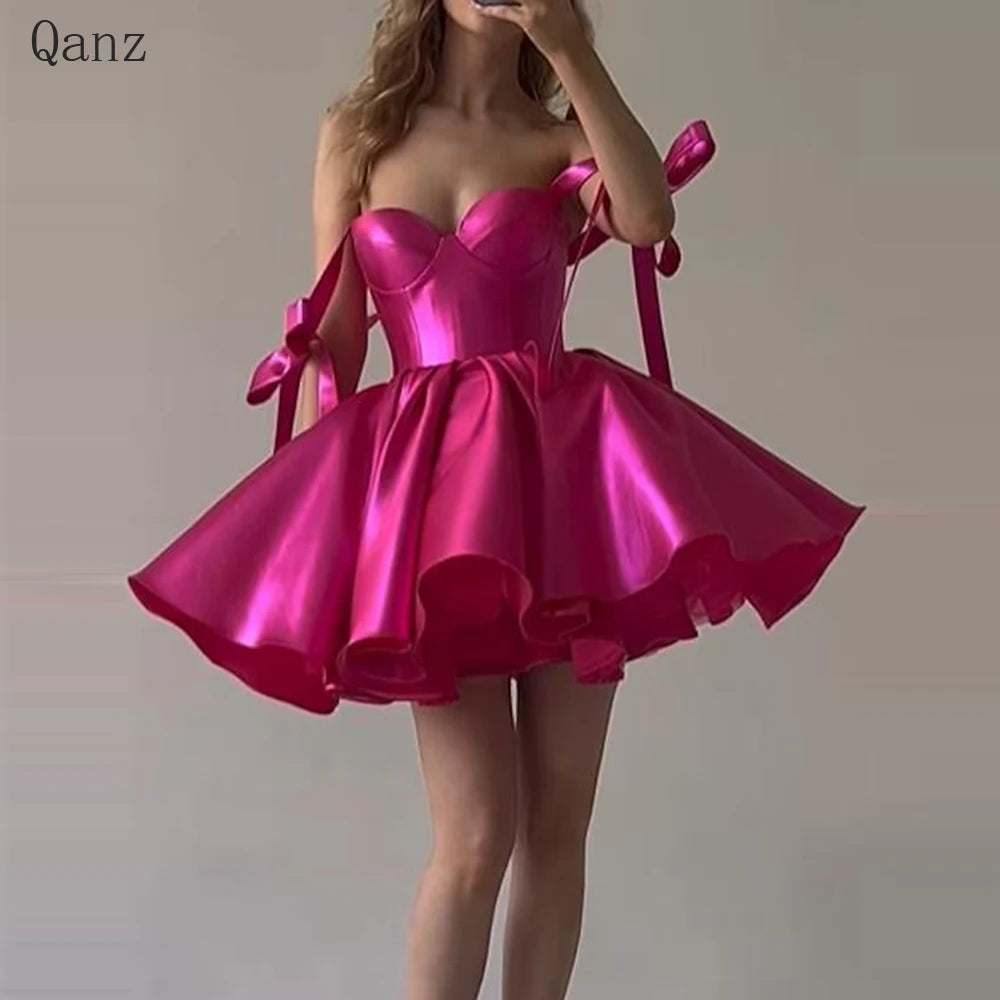 Qanz Short Evening Prom Dress – Sweetheart Neckline, Detachable Straps, Bow Detail, Satin Mini Club Party Gown - Premium dress from Lizard Vigilante - Just $270.99! Shop now at Lizard Vigilante