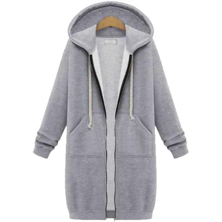 Women’s Long Hooded Sweatshirt Thick Loose Solid Color Pocket Coat Autumn Winter Fashion Hoodie