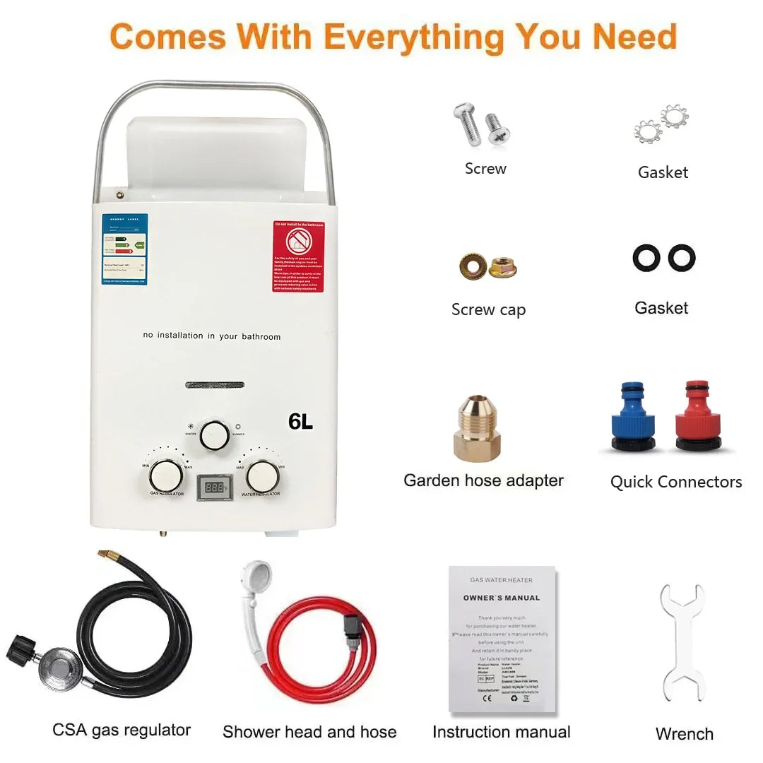 LPG Propane Gas Tankless Water Heater 6L Outdoor Camping Instant Heating Bath With Shower Head Hot Water Heater Car Truck Tent
