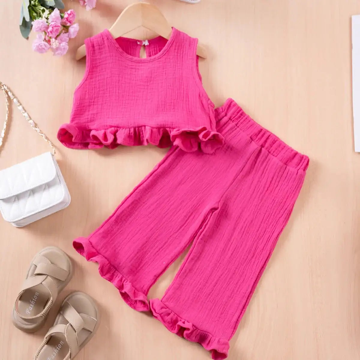 Summer Kids Cotton Casual 2pcs Toddler Girls Solid Color Sleeveless Top + Ruffle Pants Set Comfortable Fashion Hot Sale