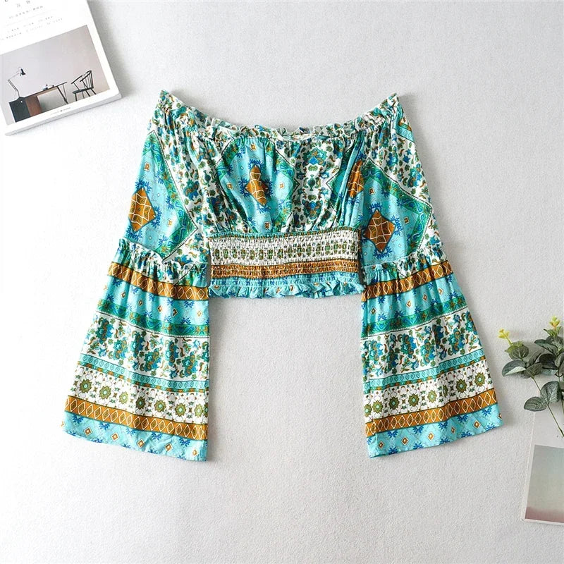 Happie Queens Boho Riot Set – Off-Shoulder Crop Top + Green Floral Flared Pants | Mid-Waist Summer 25 - Premium pantsuit from dsers - Just $43.99! Shop now at Lizard Vigilante