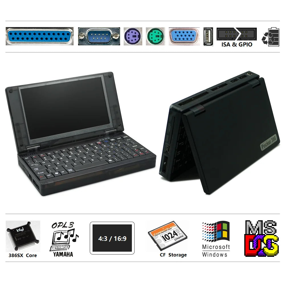 Pocket 386 Retro DOS Computer 386sx CPU Windows3.1/95 Hand386 Pocket386 Black