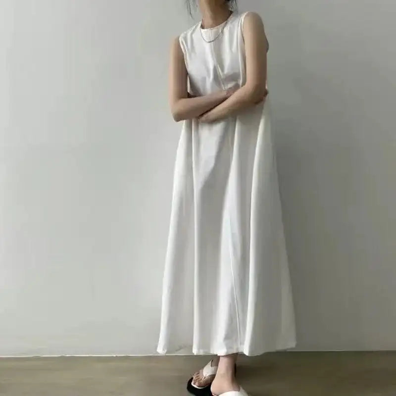 2022 Minimalist Chic Loose Swing Sleeveless Mid-length Casual Cotton Linen Long Dress Round Neck High Waist Women Runway Dress
