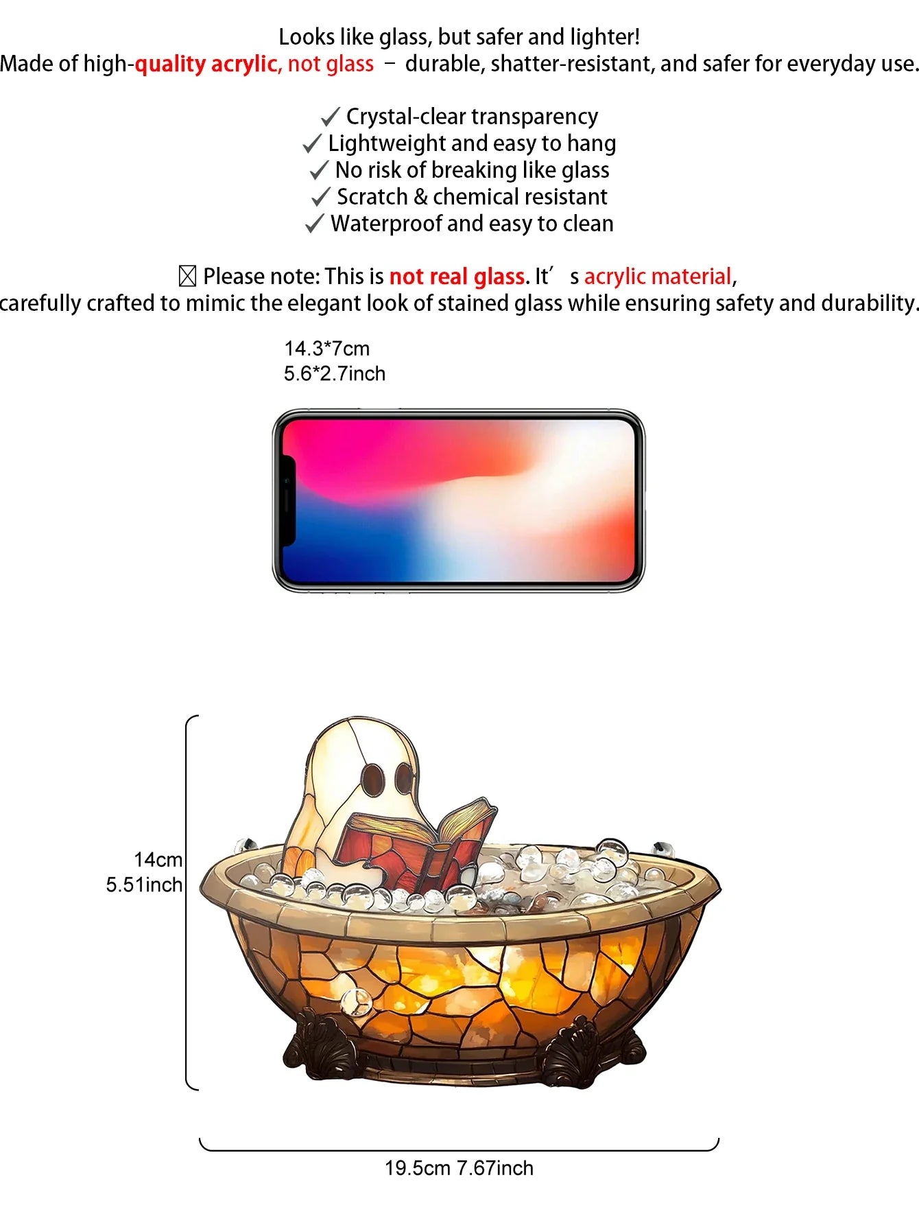 Acrylic Halloween Ghost in Bathtub Hanging Ornaments Cute Ghost Reading Book Decor Home Bedroom Living Room Window Decorations