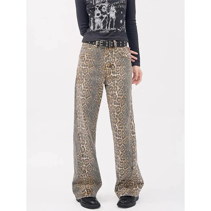 Y2k Vintage Leopard Print Loose Women Jeans Autumn New Classic Straight High Waist Slim Casual Fashion Female Jeans 2024 New