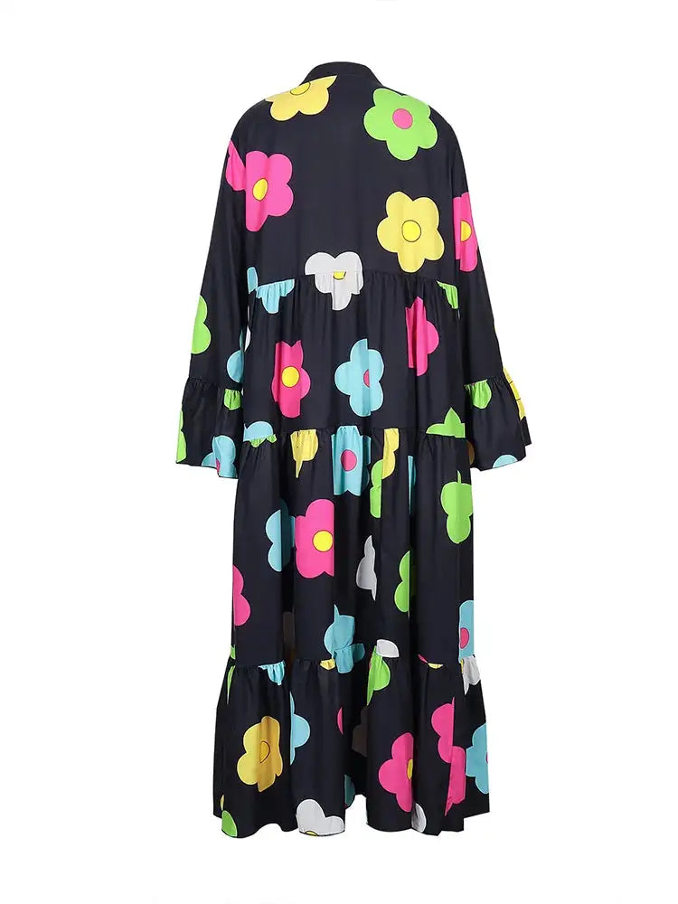 Plus Size New for Summer 2024 Women's Long Sleeve Floral Dress V-Neck Button Long Dress Long Sleeve Button Down Dress