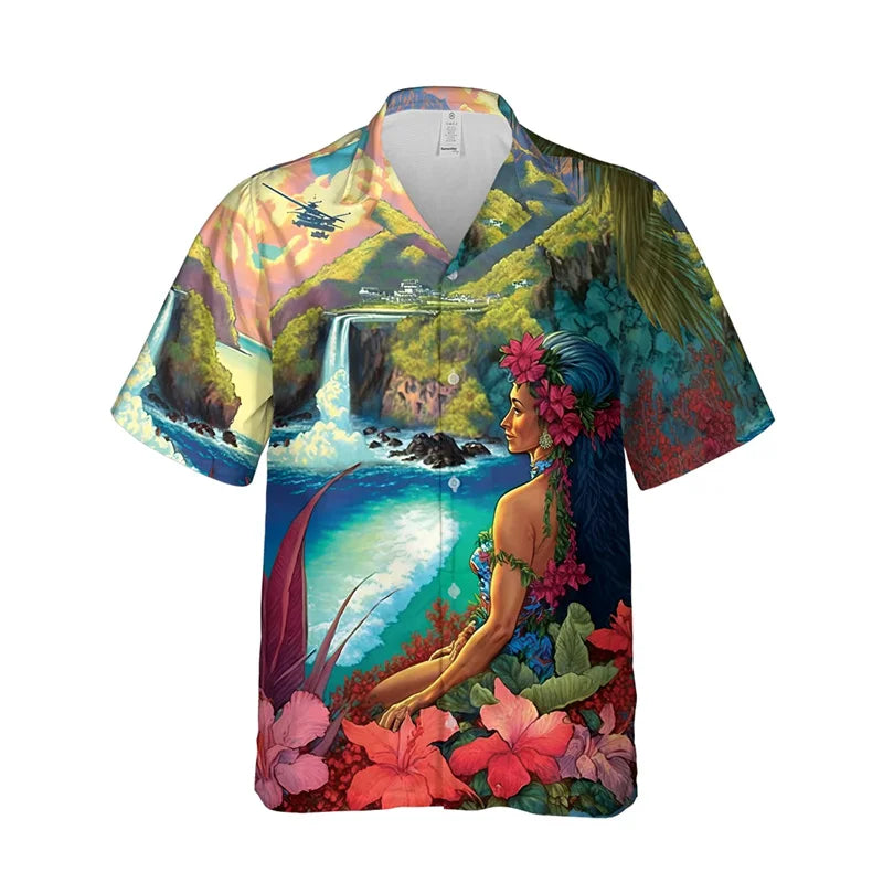 3D Print Hula Girl Graphic Beach Shirts For Men Casual Short Sleeve Hawaiian Dancer Blouses Aloha Beach Button Shirts Mens Tops