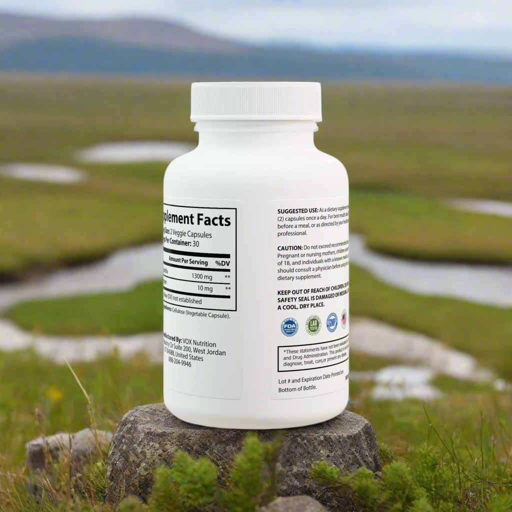 Supplement bottle with label on a white background