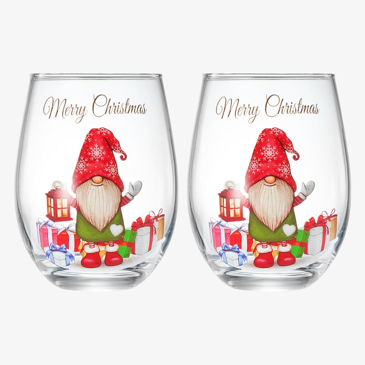 Stemless Christmas Gnome Wine Glass - SINGLE Red Green Cheer for Holiday Gift and Winter Season - 17 oz Stemless Decorated Ornament Wine Tumblers for Holiday Season and Winter by GUTE - 4.7" H
