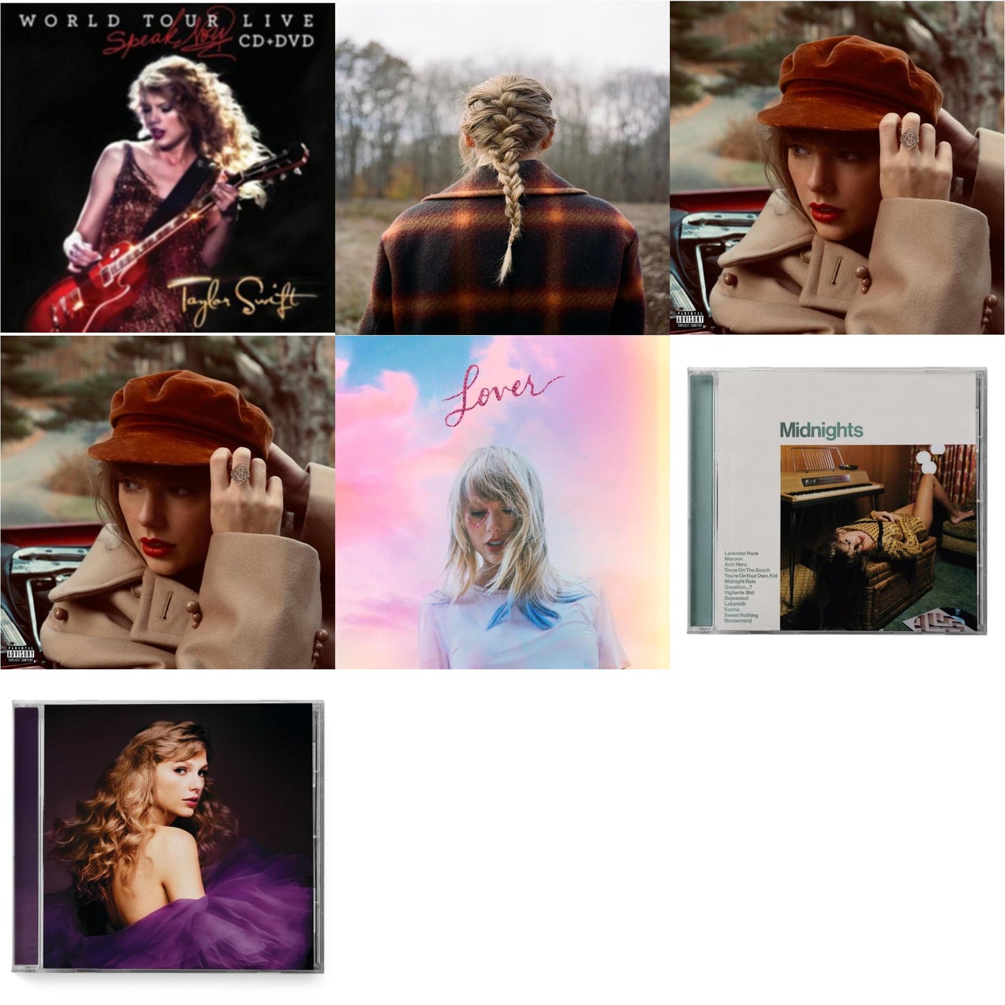 Taylor Swift - Evermore (X) & Red (Taylor's Version) (X) (2CD) & Red (Taylor's Version) (Edited) (2CD) & Midnights (X) (Jade Green CD) & Speak Now (Taylor's Version) (2CD) & Speak Now World Tour Live (CD/DVD) & Lover (Deluxe) (Version 4)