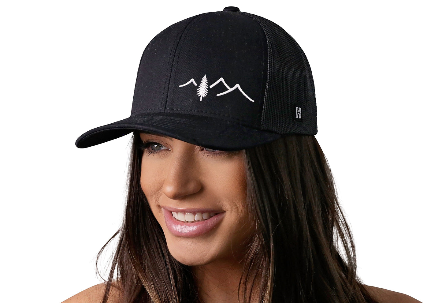Pine Tree with Mountains Trucker Hat | Black Outdoors Snapback