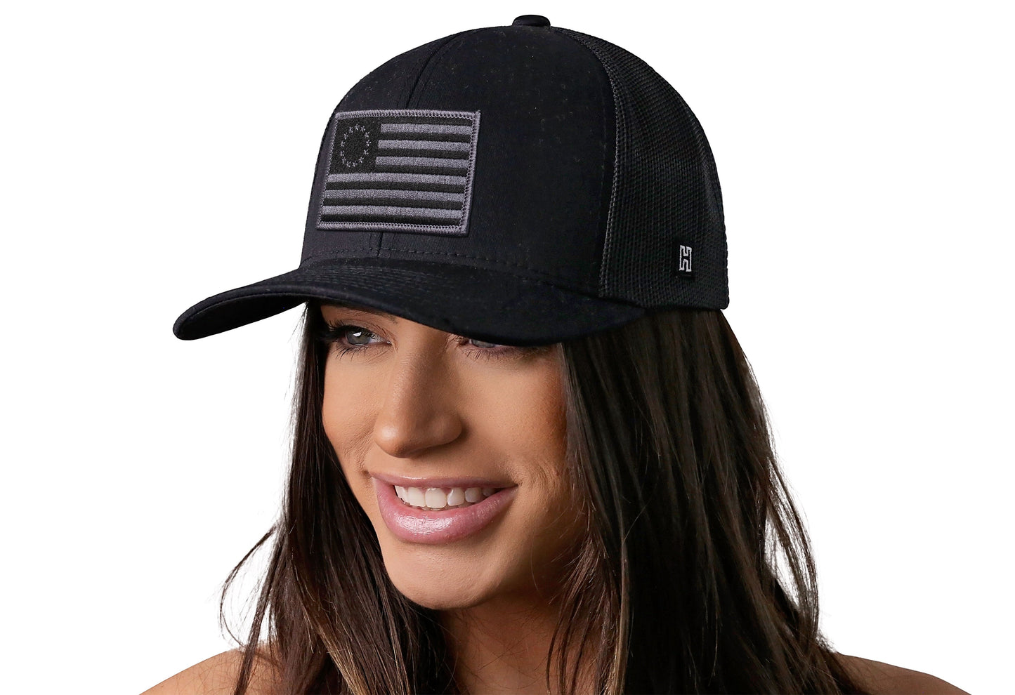 Betsy Ross Flag Trucker Hat | Black USA Snapback