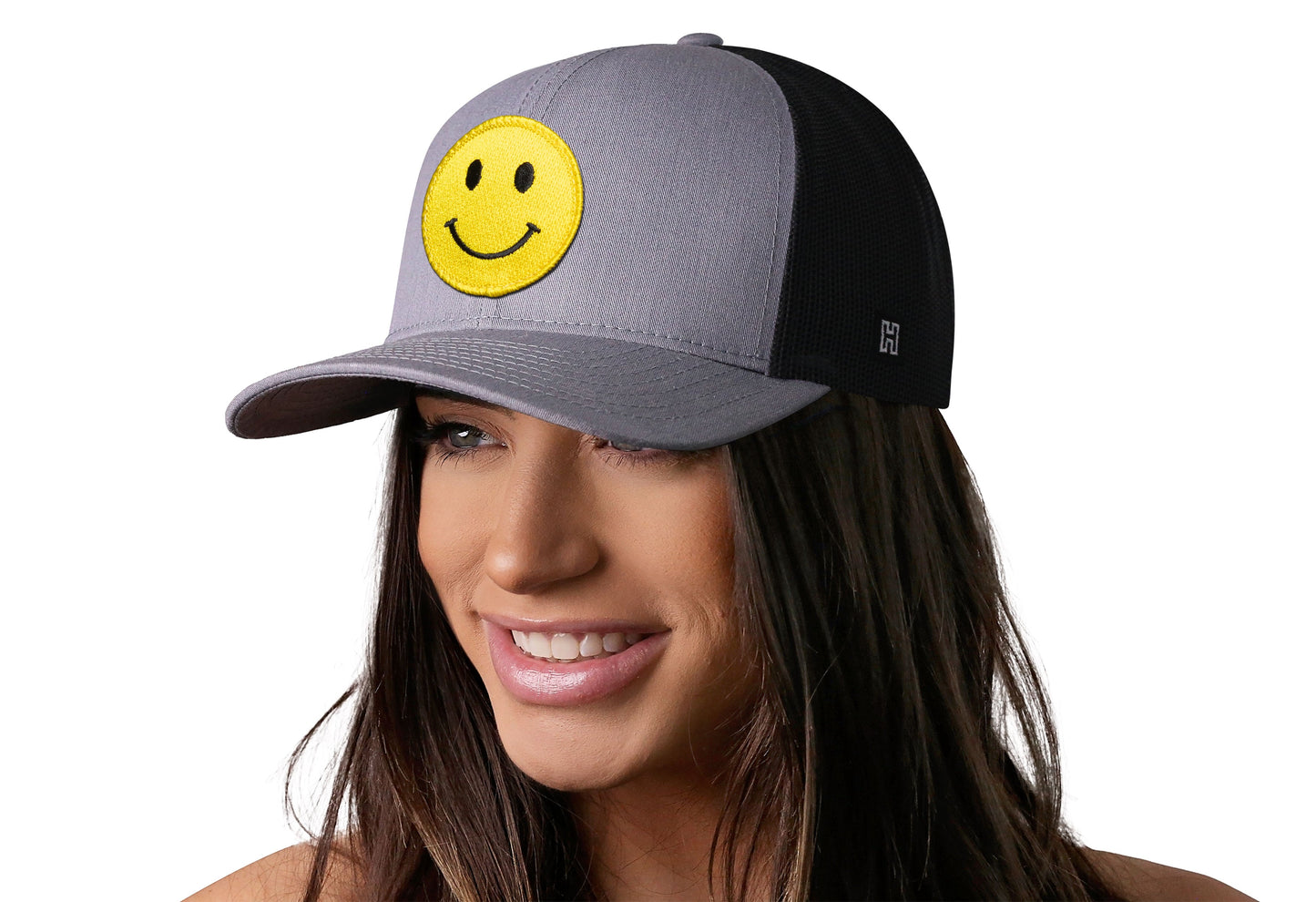 Smiley Face Trucker Hat | Gray-Black Emoji Snapback