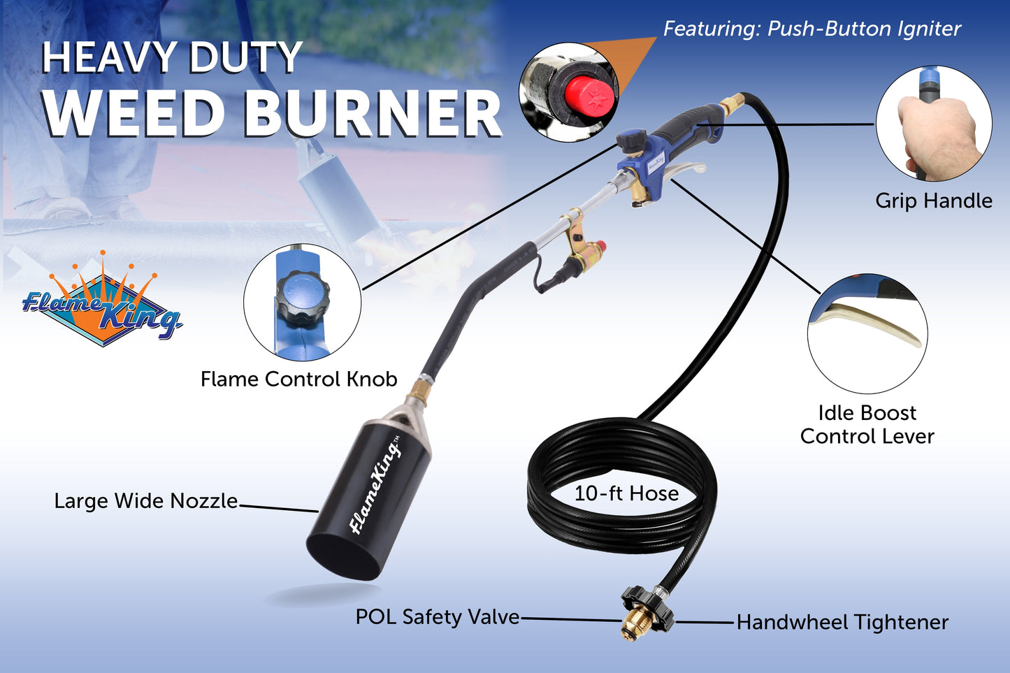 Flame King Auto Ignition Heavy Duty Propane Torch Weed Burner 340,000 BTU with Blast Trigger
