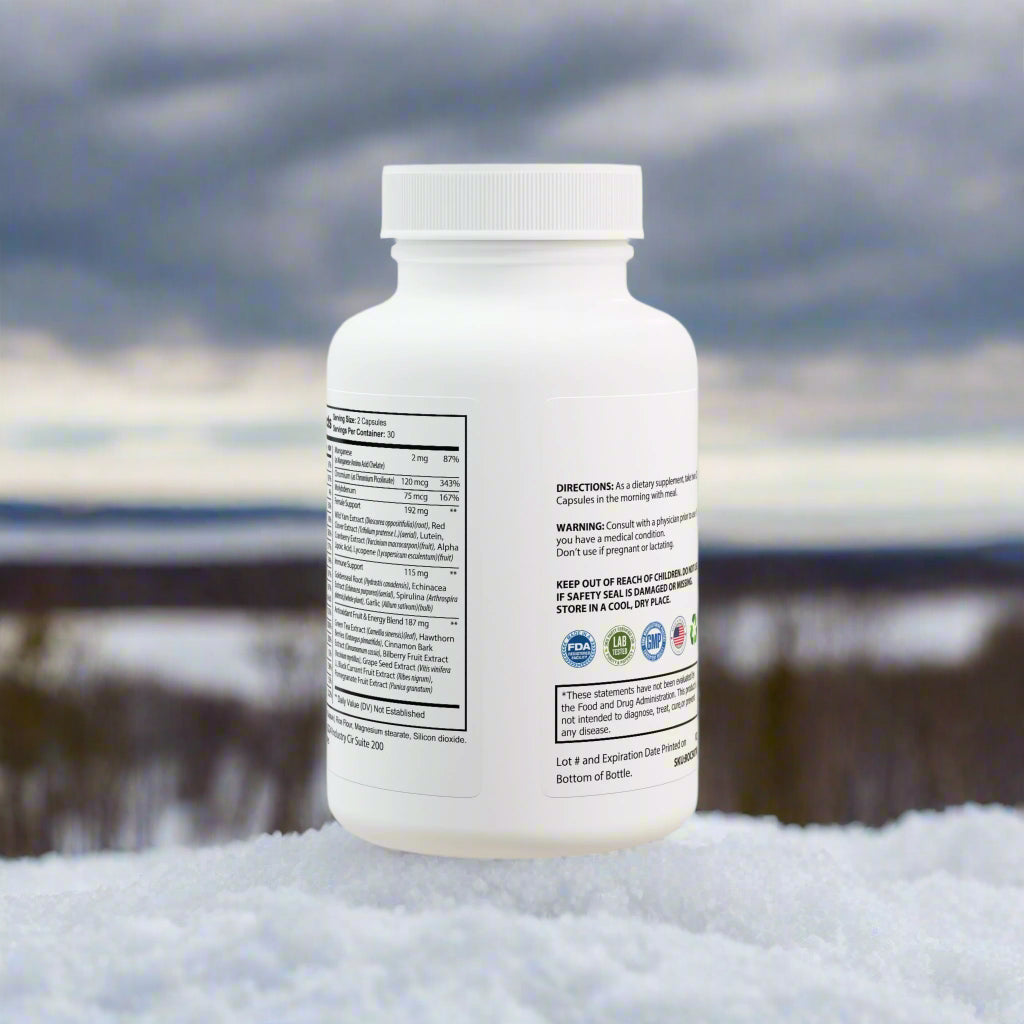 White supplement bottle with label on a white background