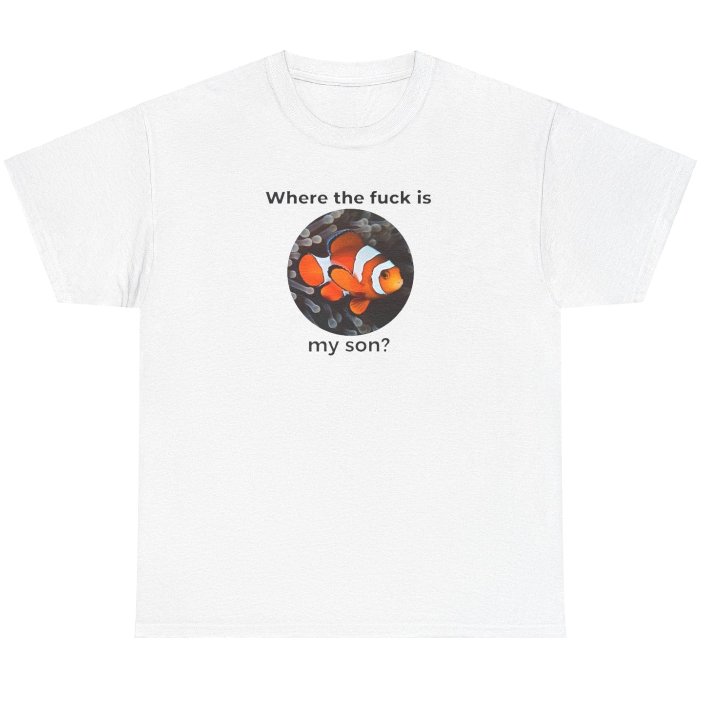 White t-shirt with a graphic design and text on a white background