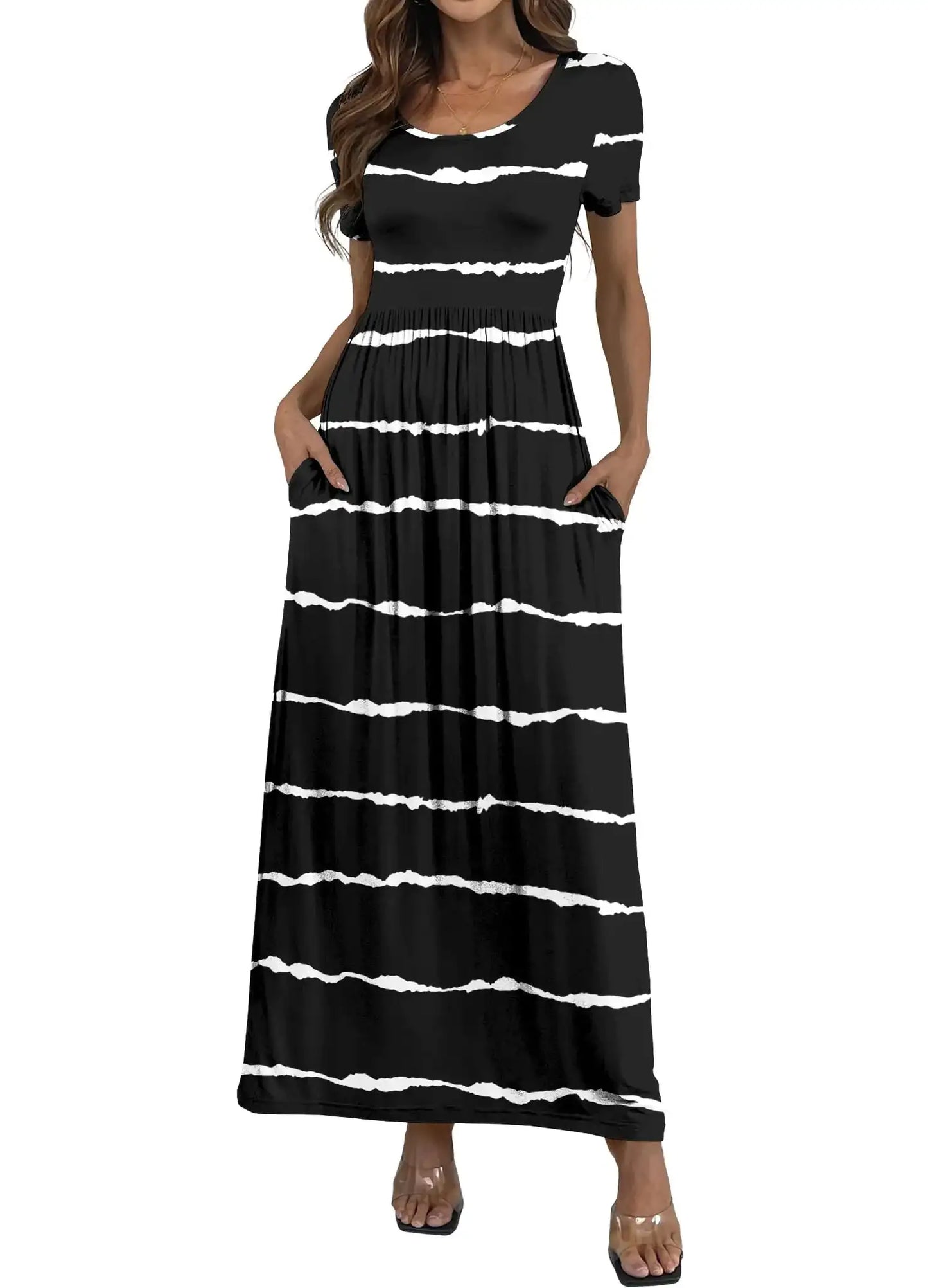 HAOMEILI Womens Short Sleeve Loose Maxi Dresses Casual Long Dresses with Pockets 3XL-Striped Black