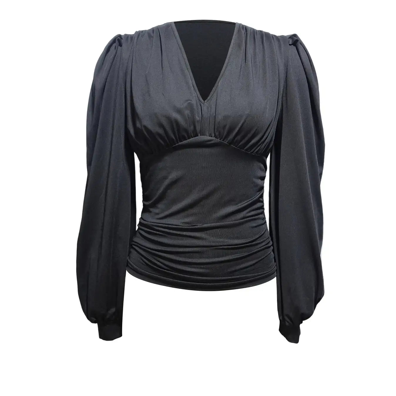 Ladies' Fashionable New Style Low Head Lantern Sleeve Pleated Top Casual V-neck Shirt