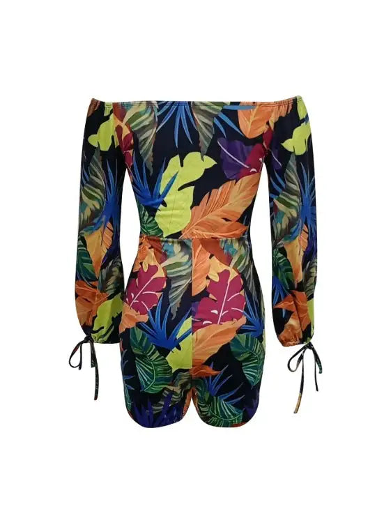 Ladies' Long Sleeved Vacation Elegant And Fashionable Plant Printed Cuffs With Drawstring Design, Chest Strap, Jumpsuit