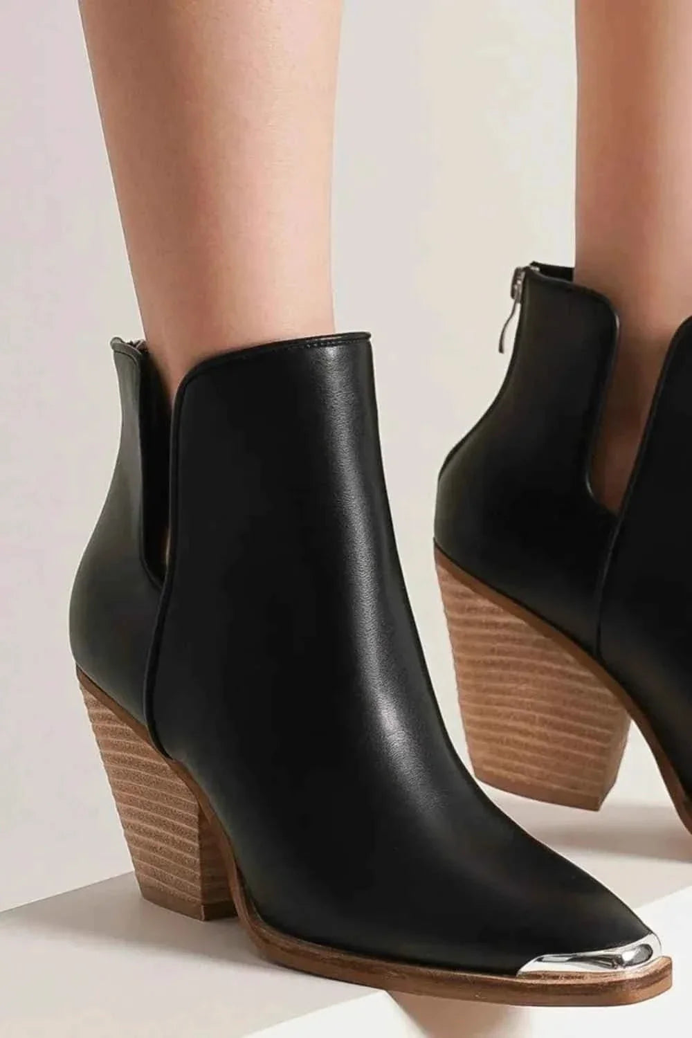 Beast Fashion Pointed : Metal-Tip Toe Block Heel Ankle Boots