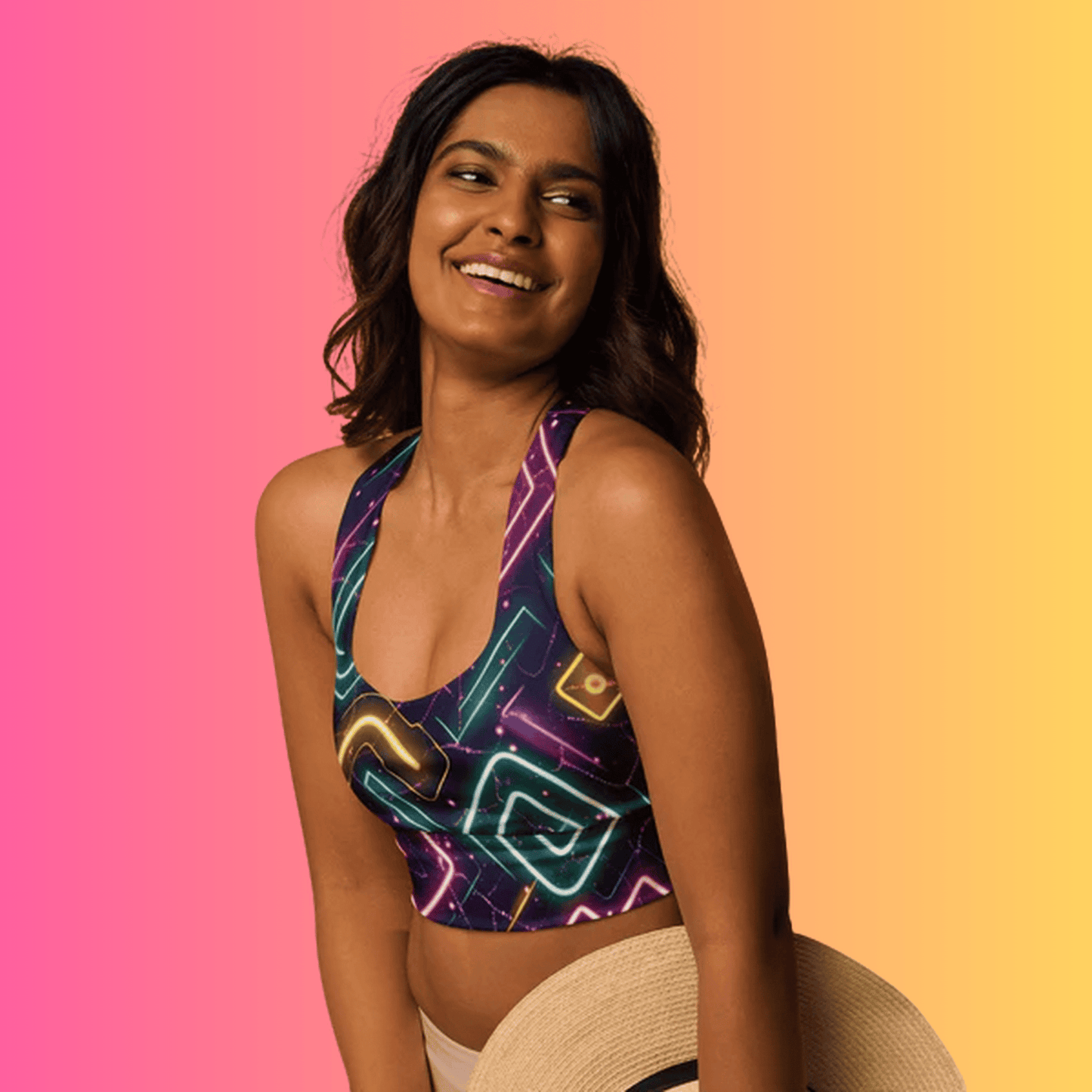 Neon Abstract Longline Sports Bra - Essential for Vibrant Festival Vibes