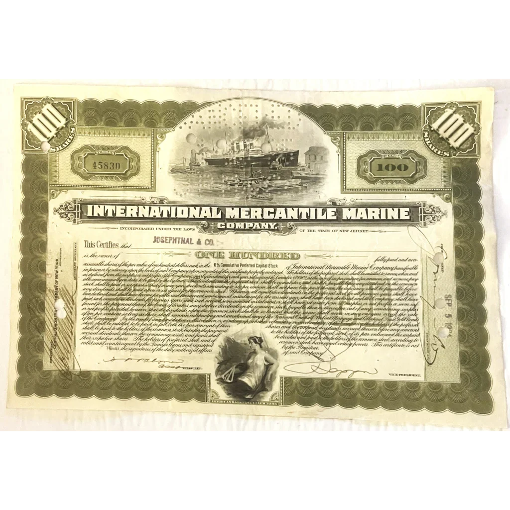 Rare Titanic International Mercantile Stock Certificate from 1910s - 1920s