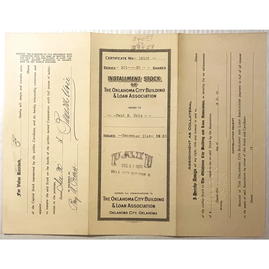 Rare Gem Antique 1920s Oklahoma Loan Association Stock Certificate
