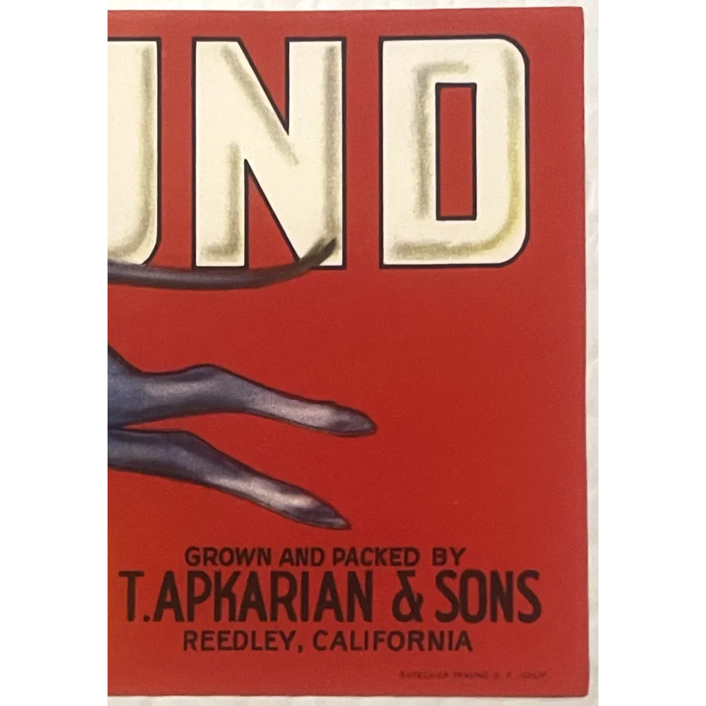 Antique Vintage 1950s Blue Hound Crate Label from Reedley CA