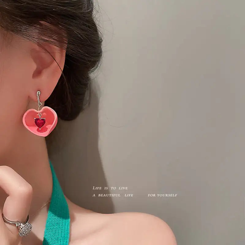 925 Silver Needle Crystal Love Sweet Peach Earrings