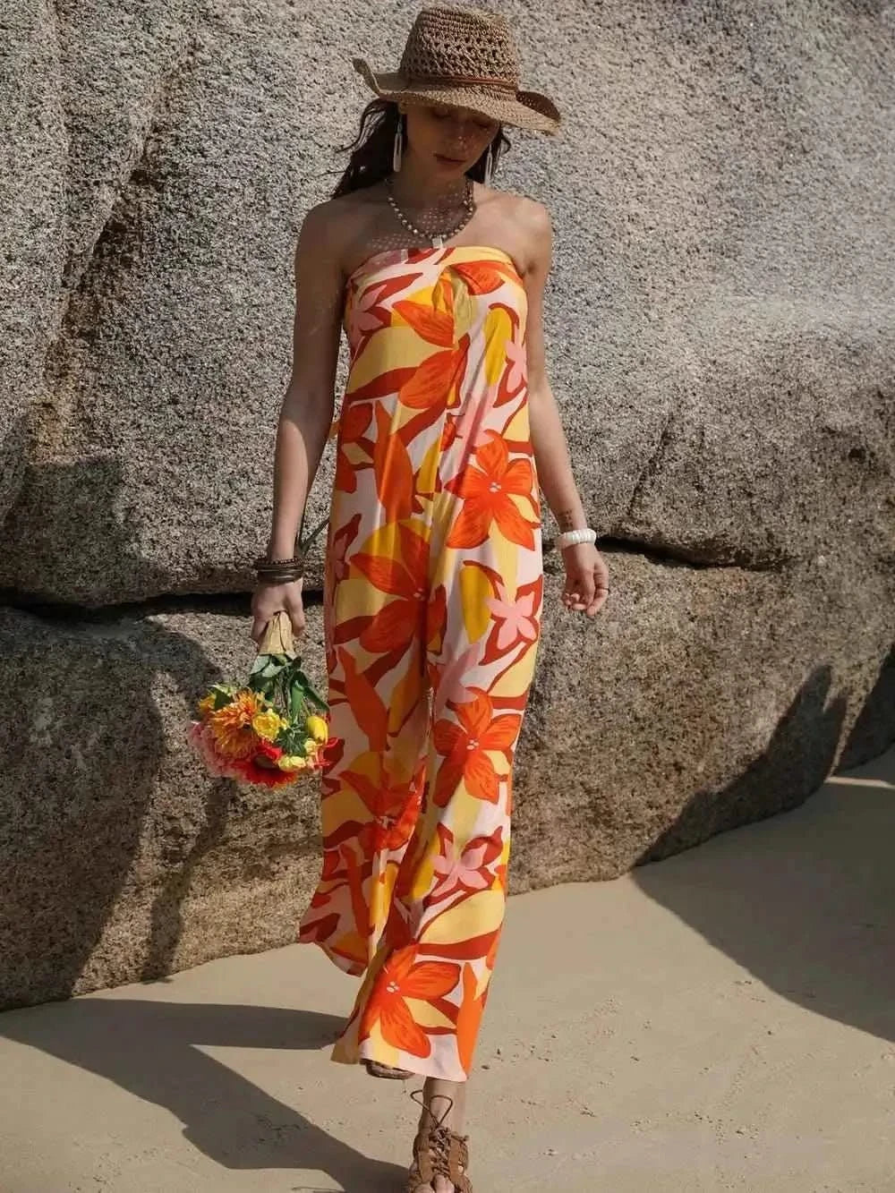 Wide Leg Jumpsuit - Tied Printed Tube