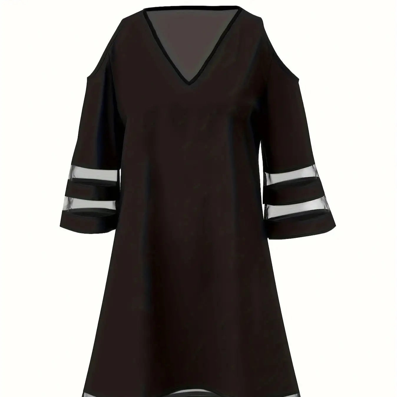 Ladies' Abstract Printed Color Blocked Off Shoulder Contrasting Mesh Casual Dress