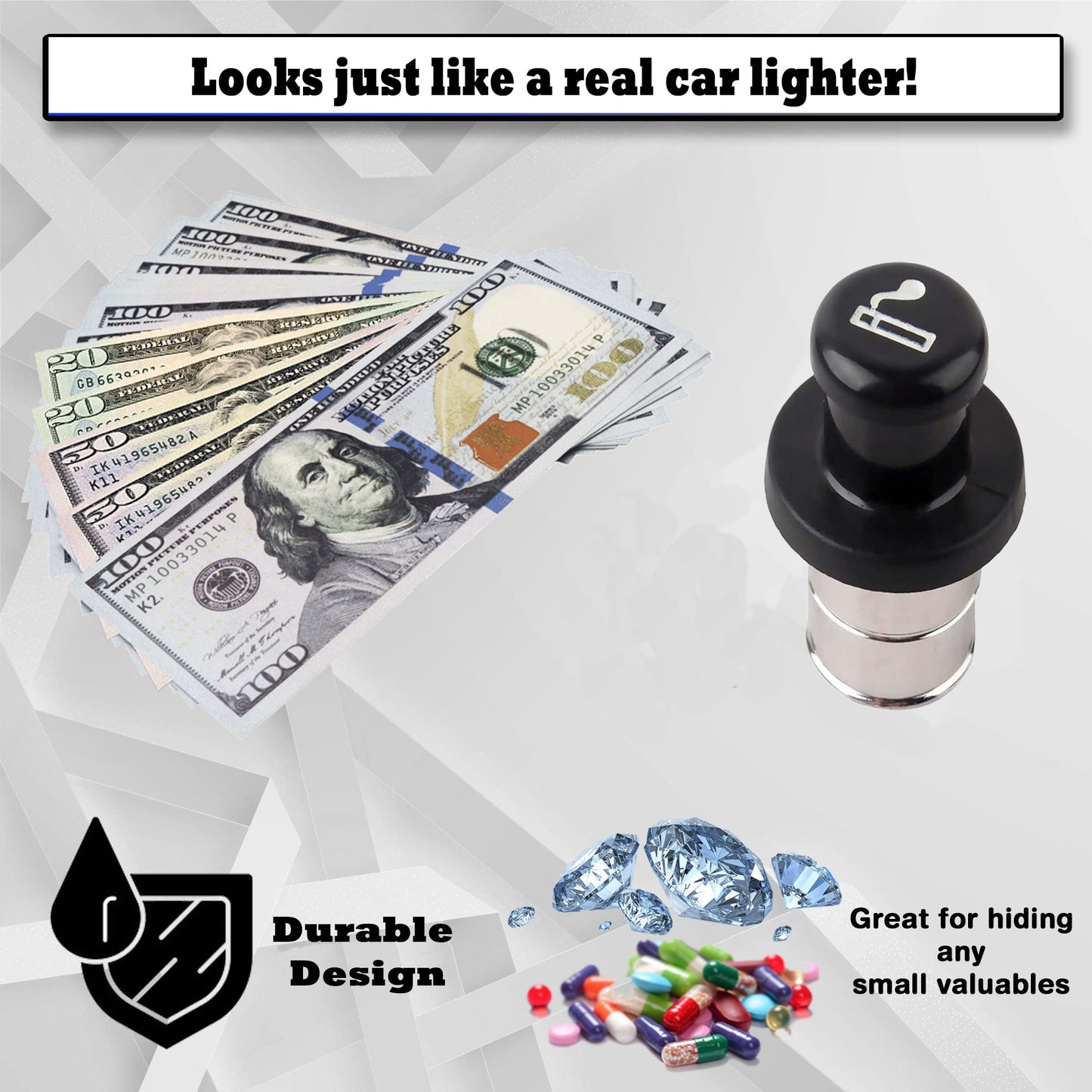Fake Car Lighter Diversion Safe - Discreet Car Secret Compartment to hide money, jewelry, or pills while traveling
