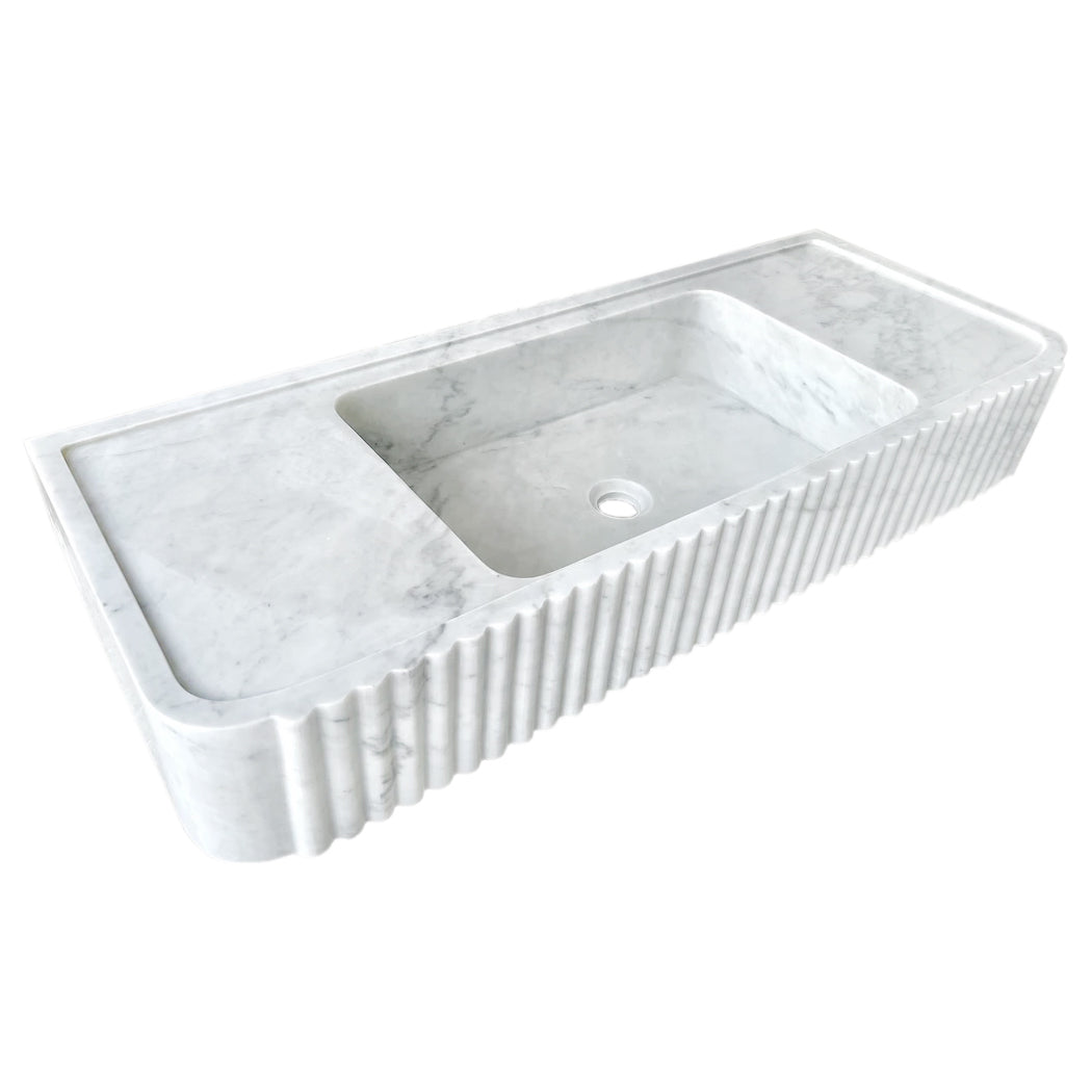 Carrara White Marble Wall-mount Bathroom Vanity Sink Fluted (W)16" (L)40" (H)6"