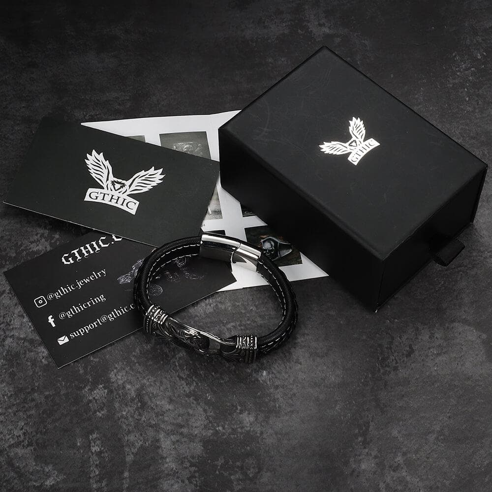 Carved Viking Stainless Steel Leather Bracelet