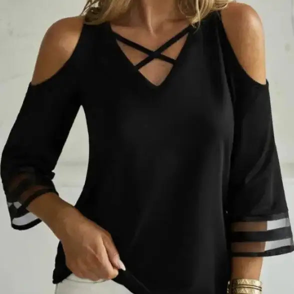 Ladies' Solid Color Collar Cross Design Off Shoulder Fashionable Casual Mid Long Sleeved T-shirt Top