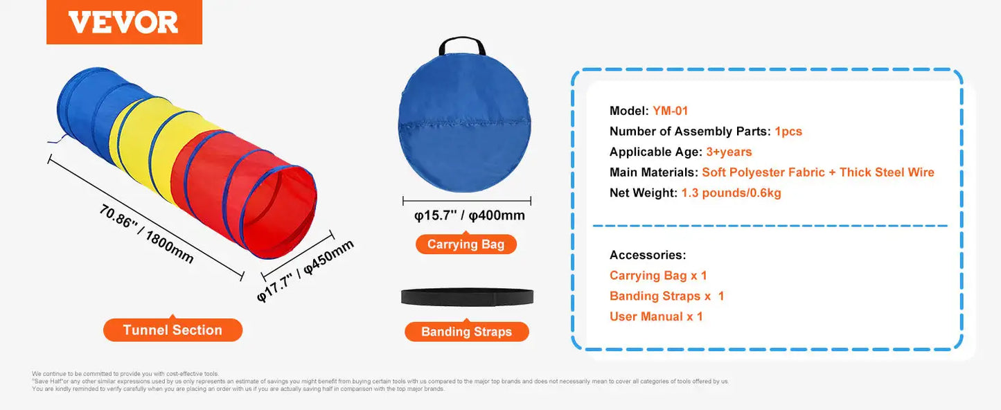 VEVOR Kids Play Tunnel Tent for Toddlers Collapsible Gift for Boy and Girl Play Tunnel Indoor and Outdoor Game Red/Yellow/Blue