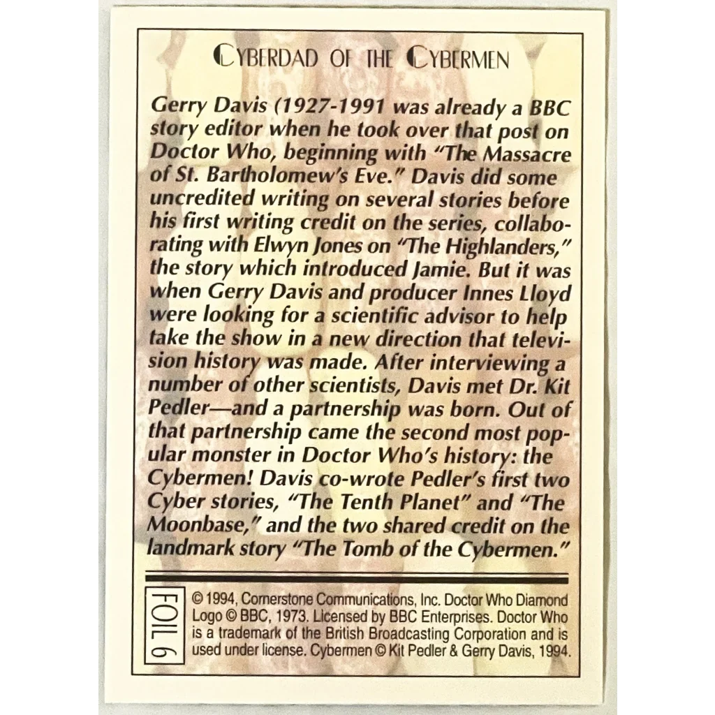 Combo 1990s Doctor Who Cybermen Trading Cards Unleashed