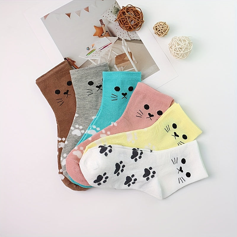 6pcs Cute Cartoon Cat & Paw Print Mid-Calf Socks for Women - Soft Polyester Blend, Machine Washable, Short Socks