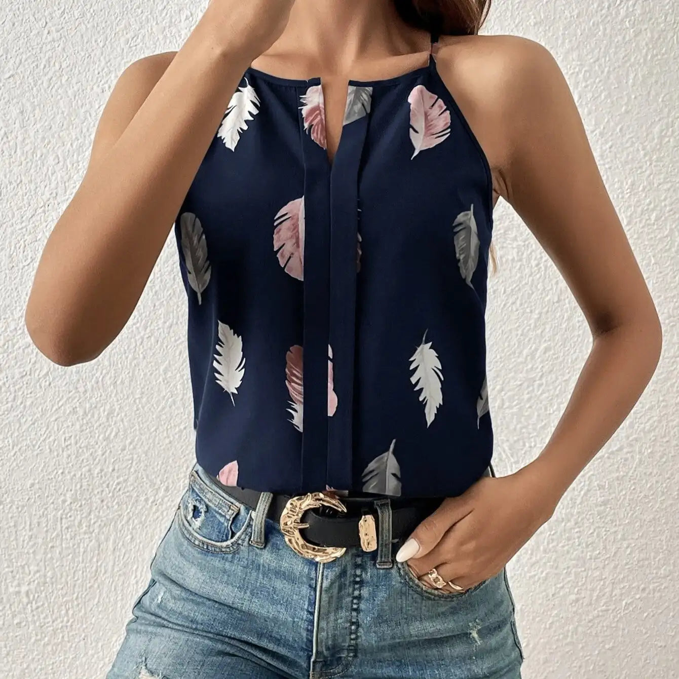 Women's Feather Print Notch V-neck Versatile Camisole Vest