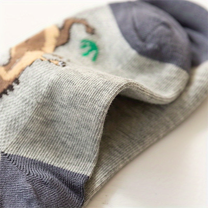 5 Pairs Of Boy's Trendy Dinosaur Pattern No Show Socks, Comfy Breathable Casual Soft Socks For Kid's Outdoor Activities